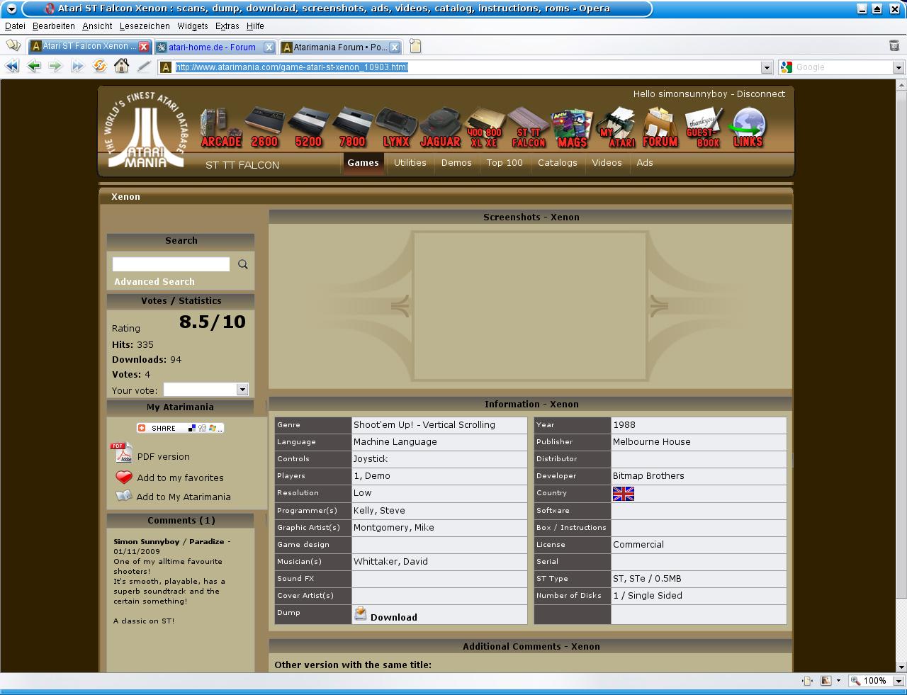 Atarimania viewed with Opera, no screenshot visible